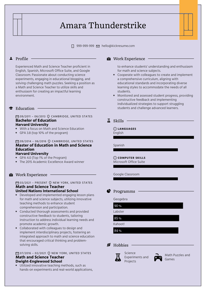 Math and Science Teacher Resume Sample
