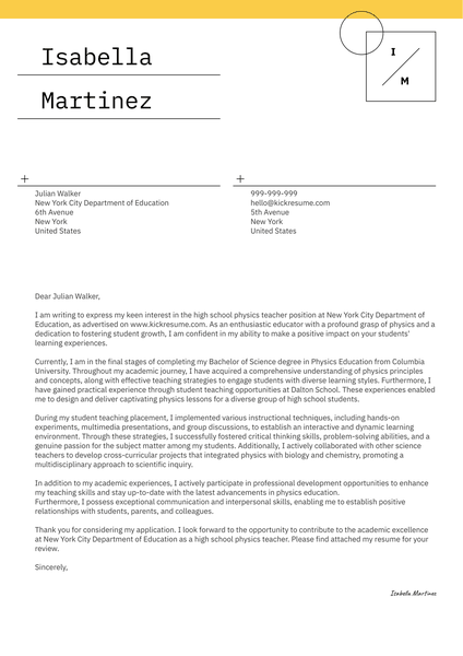 High School Physics Teacher Cover Letter Sample