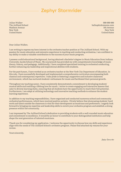 Orchestra Teacher Cover Letter Sample