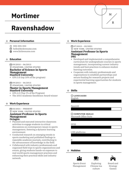 Assistant Professor in Sports Management Resume Sample