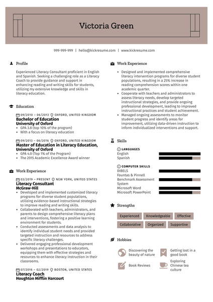 Literacy Consultant Resume Sample