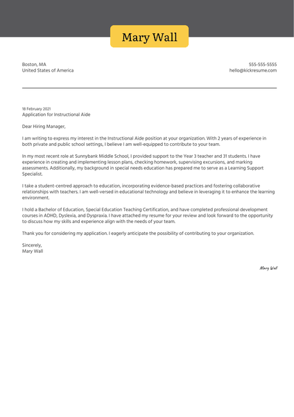 Instructional Aide Cover Letter Sample