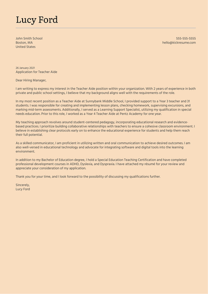 Teacher Aide Cover Letter Example