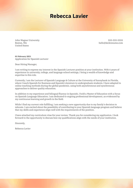 Spanish Lecturer Cover Letter Example