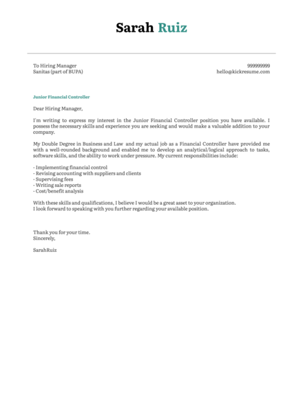 Junior Financial Controller Cover Letter