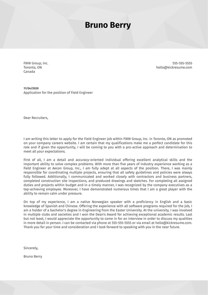 Field Engineer Cover Letter Example