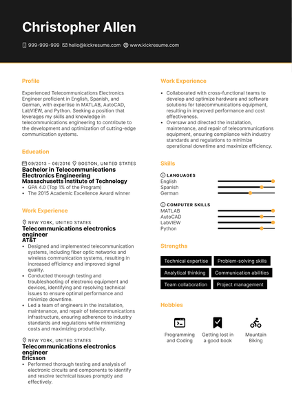 Telecommunications Electronics Engineer Resume Sample