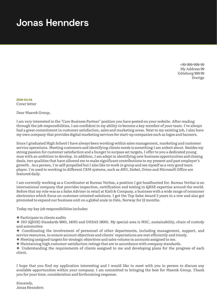 Maersk Business Partner Cover Letter Example