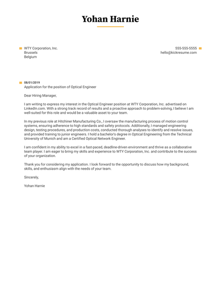 Optical Engineer Cover Letter Example