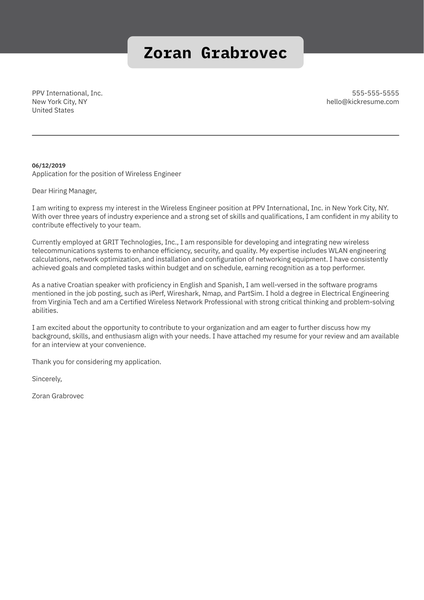 Wireless Engineer Cover Letter Example