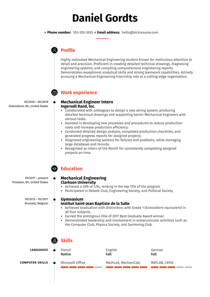 Mechanical Engineering Intern Resume Example