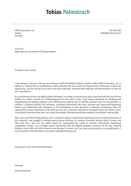 Drilling Engineer Cover Letter Example