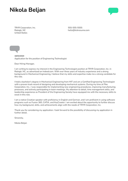 Engineering Technologist Cover Letter Example