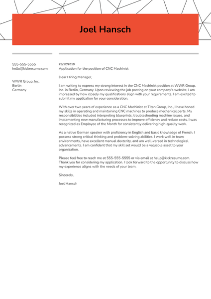CNC Machinist Cover Letter Example