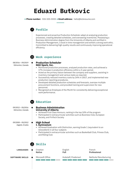Production Scheduler Resume Sample