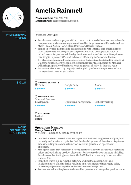Operations Manager at Massy Stores TT Resume Sample