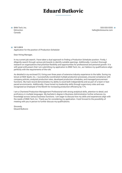 Production Scheduler Cover Letter Sample