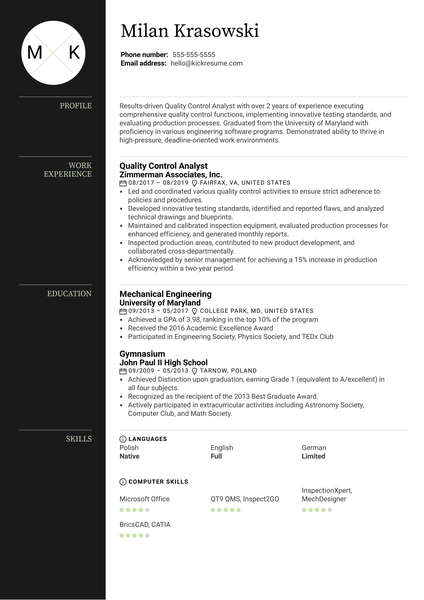 Quality Control Analyst Resume Example