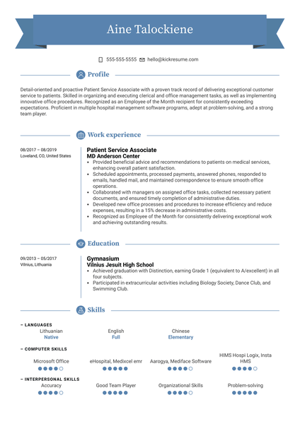 Patient Service Associate Resume Sample