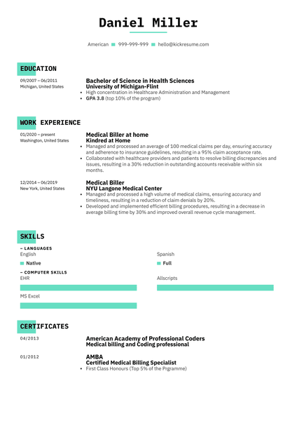 Medical Biller Resume Sample