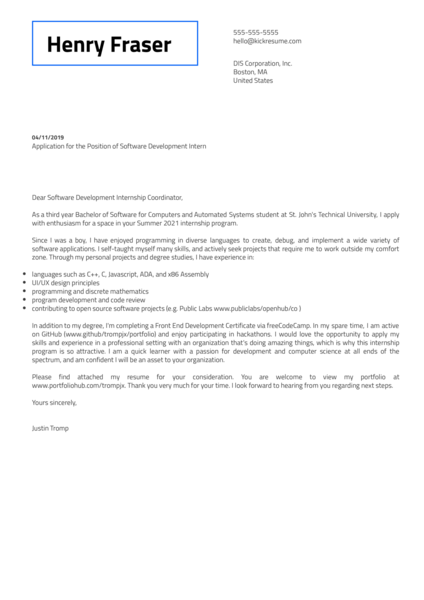 DIS Software Development Intern Cover Letter Example