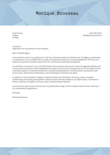 Care Assistant Cover Letter Example