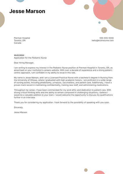 Pediatric Nurse Cover Letter Sample