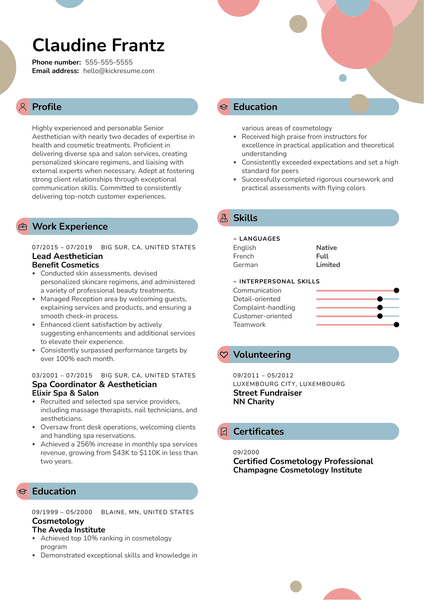 Esthetician (Aesthetician) Resume Sample