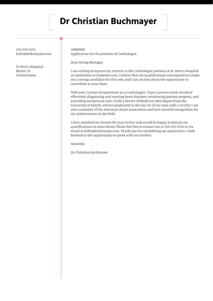 Cardiologist Cover Letter Example