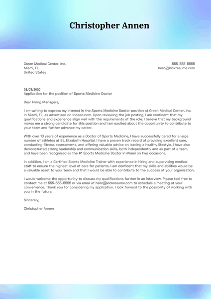Sports Medicine Doctor Cover Letter Example