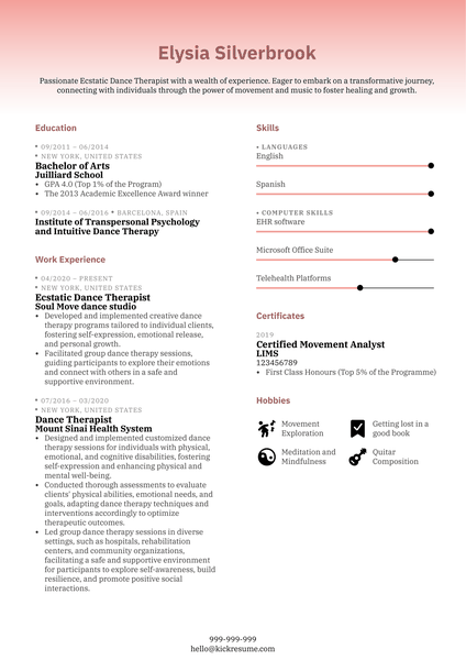 Ecstatic Dance Therapist Resume Sample