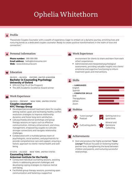 Couples Counselor Resume Sample