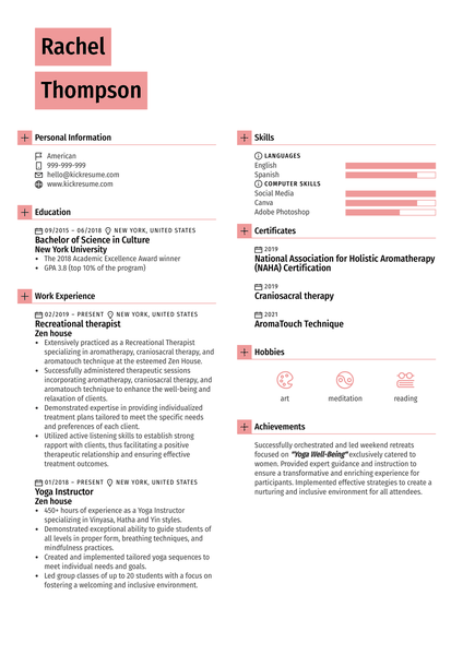 Recreational therapist Resume Sample