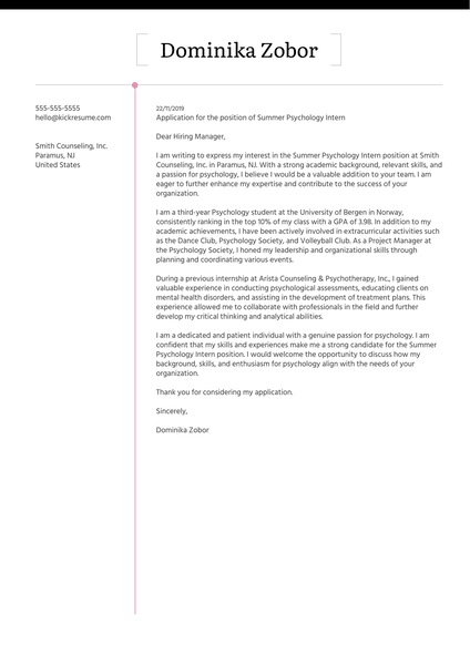Psychology Internship Cover Letter Sample