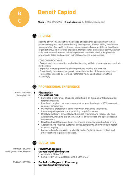 Pharmacist Resume Sample