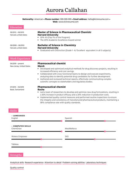 Pharmaceutical Chemist Resume Sample
