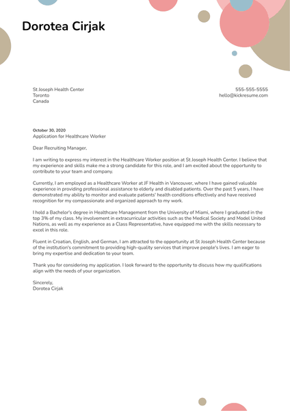 Healthcare Worker Cover Letter Sample