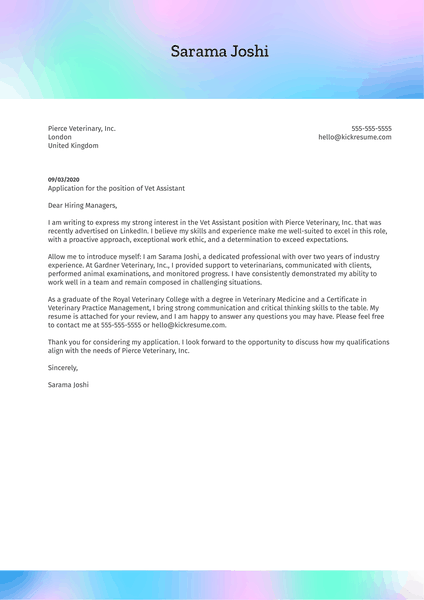 Vet Assistant Cover Letter Example