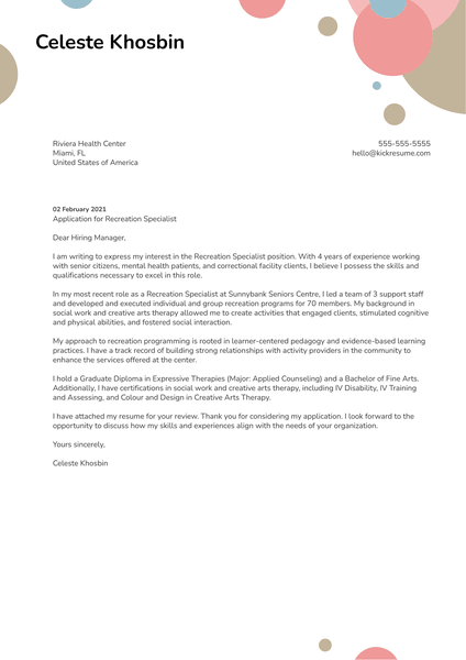 Recreation Specialist Cover Letter Example