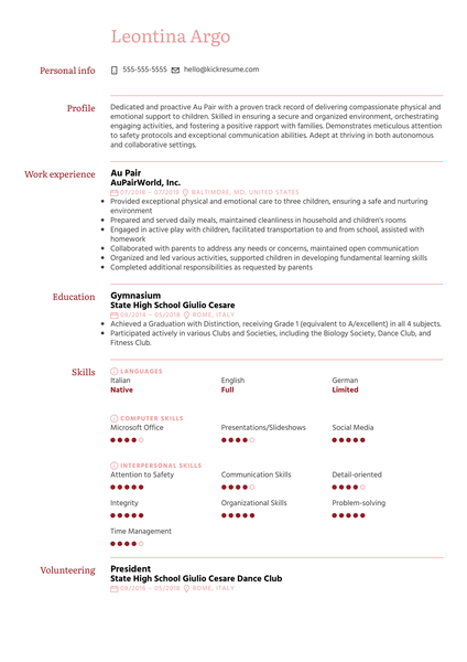 Au Pair Resume Sample