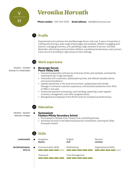 Beverage Server Resume Example