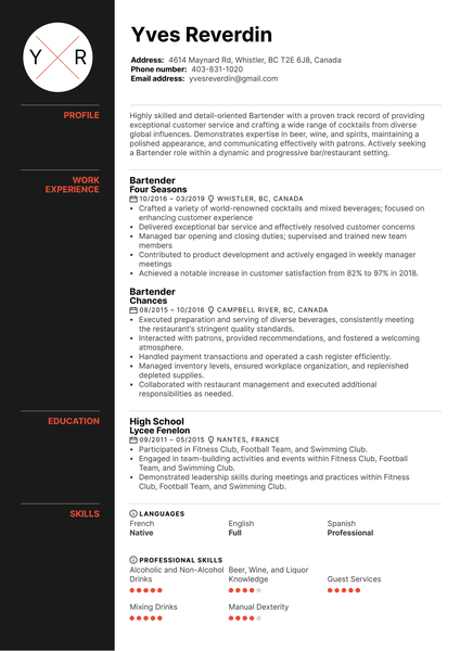 Bartender Resume Sample