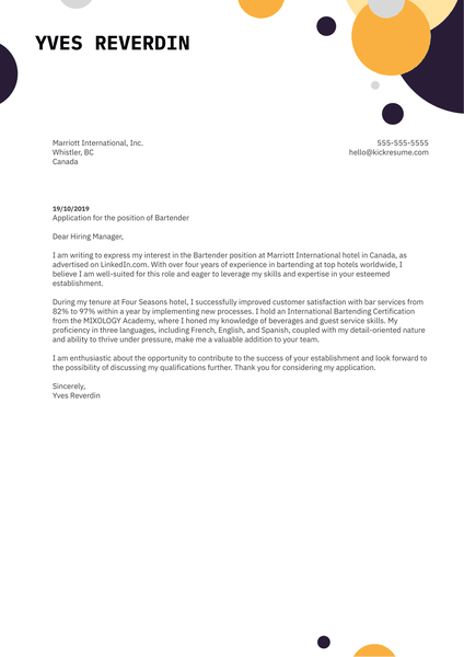 Bartender Cover Letter Example
