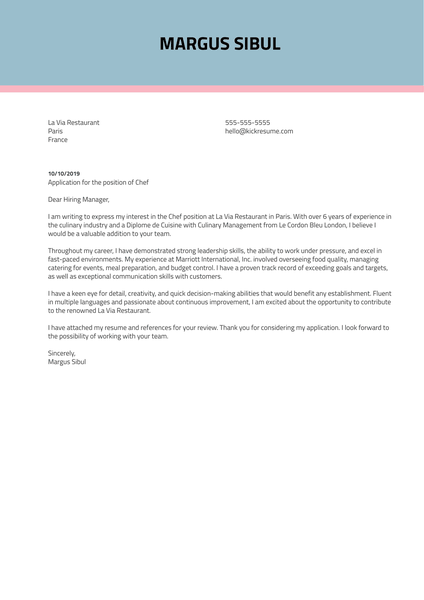 Chef Cover Letter Example