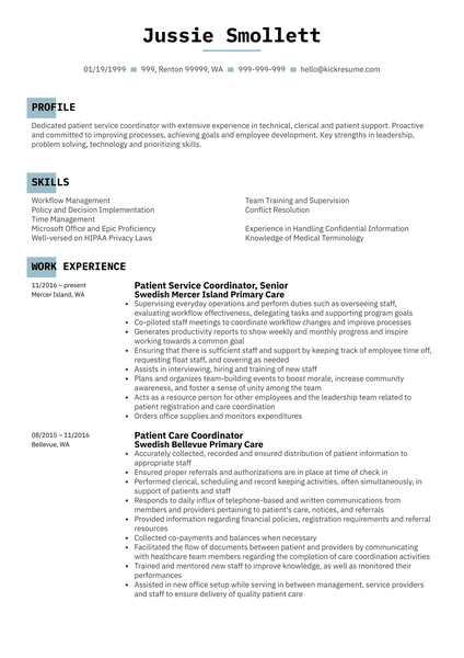 Patient Service Coordinator Resume Sample