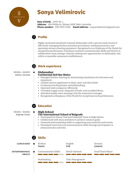 Dishwasher Resume Sample