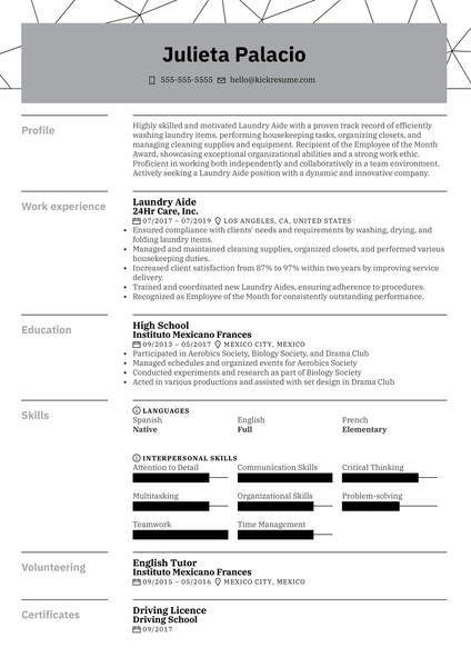 Laundry Aide Resume Example