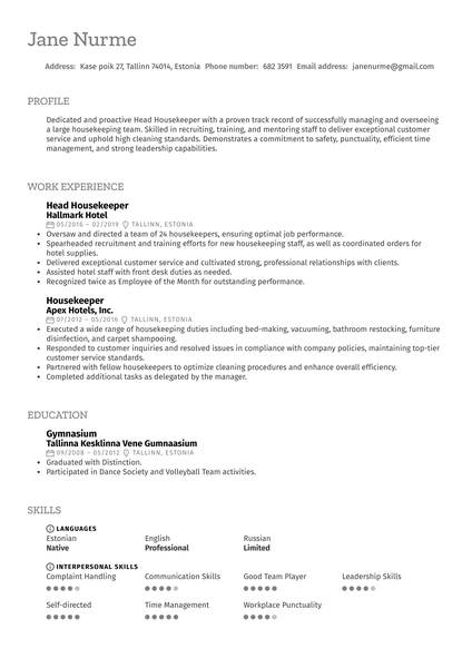 Head Housekeeper Resume Sample
