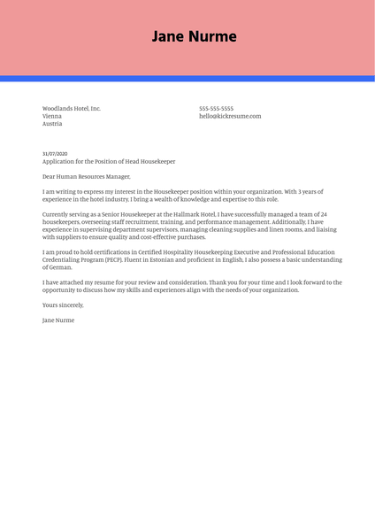 Head Housekeeper Cover Letter Example