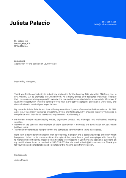 Laundry Aide Cover Letter Example